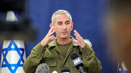 FILE PHOTO: IDF spokesman Rear Admiral Daniel Hagari speaks to the press in Tel Aviv, October 18, 2023.