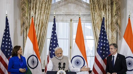 US Vice President Kamala Harris and US Secretary of State Antony Blinken look on as India's Prime Minister Narendra Modi speaks during a luncheon at the US Department of State in Washington, DC, on June 23, 2023.