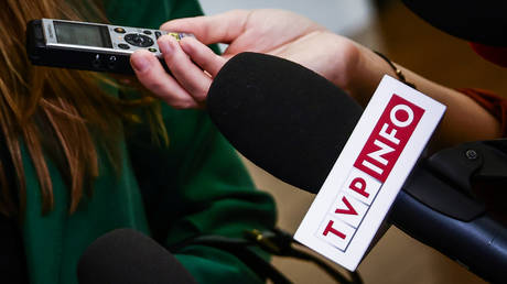 TVP Info microphone is seen during the parliament session in Warsaw, Poland on December 12, 2023