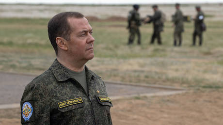Deputy head of Russia's Security Council Dmitry Medvedev visits military training grounds.