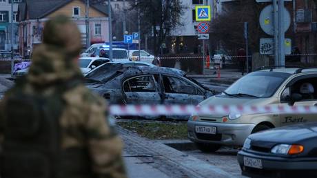 A view shows cars damaged after a shelling by the Ukrainian military, in Belgorod, Russia.
