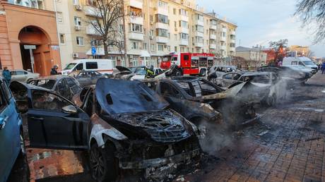 Destroyed vehicles pictured in the aftermath of a Ukrainian strike on Belgorod, Russia on December 30, 2023.