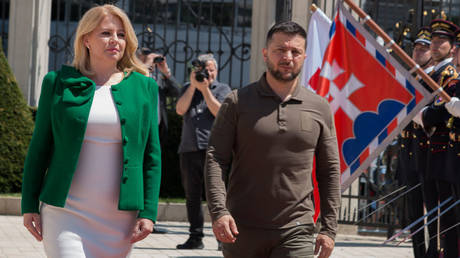 Slovak President Zuzana Caputova hosts a visit by Ukrainian President Vladimir Zelensky to Bratislava last July.