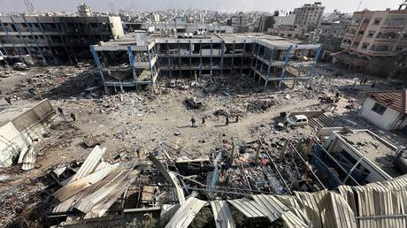 FILE PHOTO: An aerial view of destroyed UNRWA Palestinian School following Israeli attacks on Jabalia Camp in Gaza on December 12, 2023