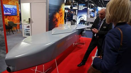 A KEPD 350 Taurus cruise missile on display at the International Defence and Security fair in Madrid on May 17, 2023