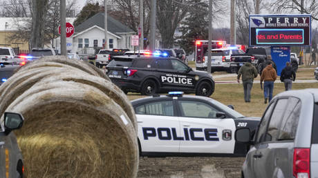 Police respond to Perry High School in Perry, Iowa., Thursday, Jan. 4, 2024. Police say there has been a shooting at the city's high school.