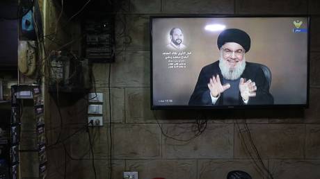 A televisions in Al-Burj Palestinian refugee camp transmits a speech by Hezbollah leader Hassan Nasrallah on January 5, 2024 in Beirut, Lebanon.