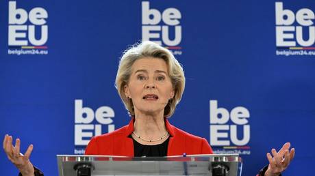 European Commission President Ursula von der Leyen talks during a press conference with Belgium's Prime Minister in Brussels, on January 5, 2024.