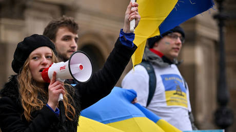 FILE PHOTO: Students demonstrate in support for Ukrainians at Bristow Square on March 3, 2022 in Edinburgh, Scotland