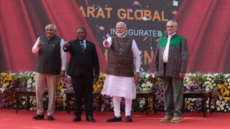 Indian PM Narendra Modi and the leaders of Timor-Leste and Mozambique at the Vibrant Gujarat Global Summit 2024 in Gandhinagar, January 9, 2024.