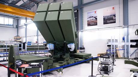 FILE PHOTO: A NASAMS surface-to-air missile launcher at the assembly line of the Kongsberg weapons factory.