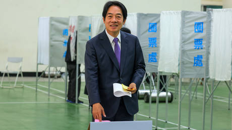 Taiwan's Vice President and presidential candidate for the ruling Democratic Progressive Party (DPP) Lai Ching-te casts his ballot to vote on January 13, 2024 in Tainan, Taiwan