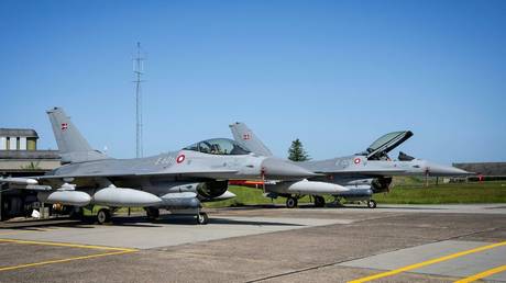 Danish F-16 fighter jets are pictured at the Fighter Wing Skrydstrup Air Base near Vojens, Denmark on May 25, 2023.