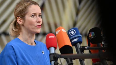 Estonia's Prime Minister, Kaja Kallas speaks to the press as she arrives at the European headquarters to attend the EU summit, in Brussels, on December 15, 2023.