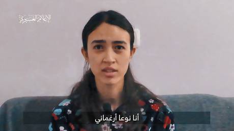 Israeli hostage Noa Argamani seen in a video published by Palestinian armed group Hamas.