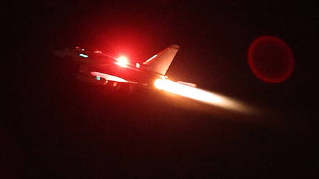 A RAF Typhoon aircraft taking off RAF Akrotiri to join the US-led coalition to conduct air strikes against military targets in Yemen.