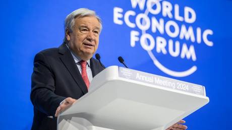 Antonio Guterres addresses the assembly during the World Economic Forum (WEF) meeting in Davos, Switzerland, January 17, 2024