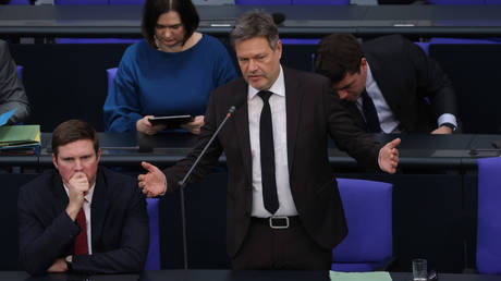 German Economy and Climate Action Minister as well as Vice Chancellor Robert Habeck responds to the queries of parliamentarians during a question and answer session at the Bundestag on January 17, 2024 in Berlin, Germany.