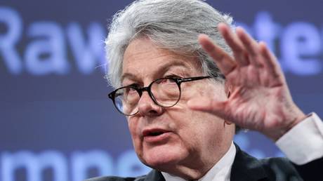 EU commissioner for internal market Thierry Breton speaks during a press conference in Brussels, Belgium, March 16, 2023