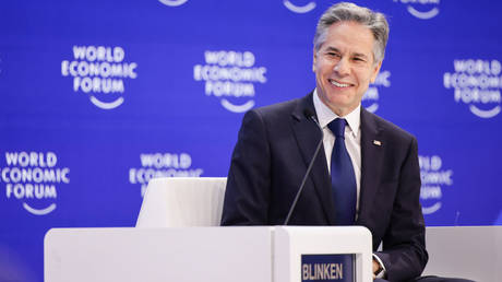US Secretary of State Antony Blinken speaks at the World Economic Forum on Wednesday in Davos, Switzerland.