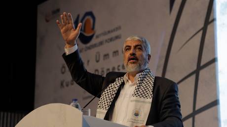 Hamas co-founder Khaled Mashaal speaks at an October 2018 forum in Istanbul.