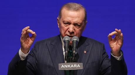 Recep Tayyip Erdogan addresses members of his party in Ankara, Türkiye, January 18, 2024