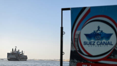 A ship transits the Suez Canal towards the Red Sea on January 10, 2024 in Ismailia, Egypt.
