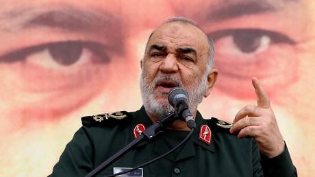Hossein Salami delivers a speech during the funeral of a senior IRGC commander in Tehran, Iran, December 28, 2023