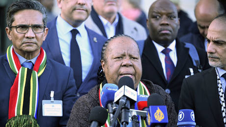 South African Foreign Minister Naledi Pandor speaks at a press briefing last week in Lahey, Netherlands.