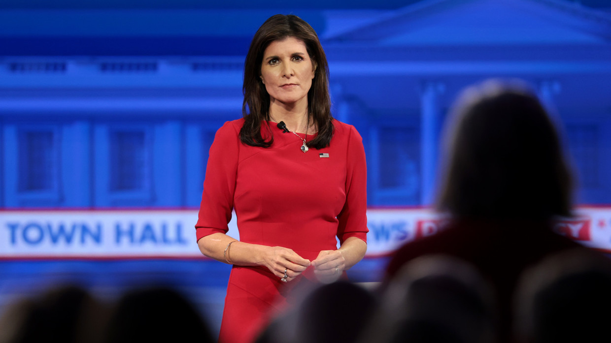Republican presidential candidate former U.N. Ambassador Nikki Haley participates in a Fox News Town Hall on January 08, 2024 in Des Moines, Iowa.