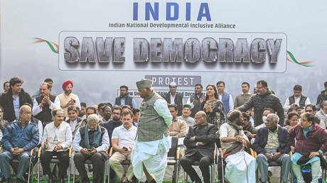 Congress president Mallikarjun Kharge and Rahul Gandhi with INDIA alliance leadership share the stage during a protest dharna against the suspension of MP's at Jantar Mantar on December 22, 2023 in New Delhi, India.