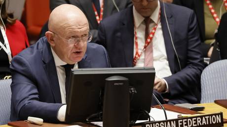 Permanent Representative of the Russian Federation to the United Nations Vassily Nebenzia speaks during a meeting at UN headquarters on October 30, 2023.