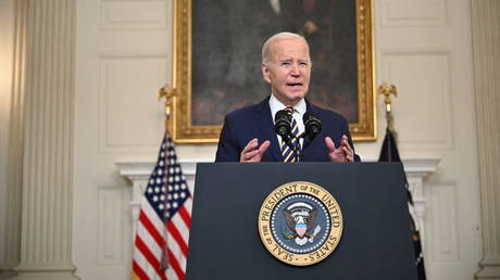 US President Joe Biden speaks in the State Dining Room of the White House on February 6, 2024 in Washington, DC.