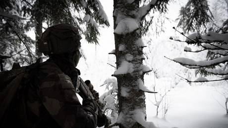 A French soldier during a NATO drill in Estonia on February 5, 2022.