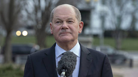 German Chancellor Olaf Scholz at Lafayette Park across from the White House, Washington, DC, February 9, 2024.