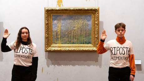 Activists stand by vandalized Monet painting at the Musée des Beaux-Arts in Lyon on February 10, 2024