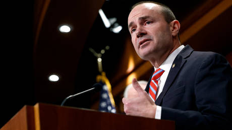 Sen. Mike Lee (R-UT) speaks during a news conference on the US Southern Border at the US Capitol on February 06, 2024 in Washington, DC.