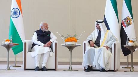Indian PM Narendra Modi and President of the UAE Sheikh Mohamed bin Zayed Al Nahyan in Abu Dhabi on February 13, 2024