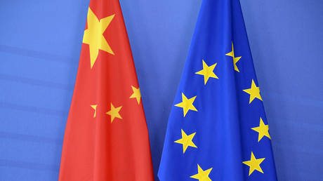 The flags of China and the EU.