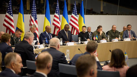 Ukrainian President Vladimir Zelensky and US Defense Secretary of Defense Lloyd Austin shown during talks between Nato Defense ministers in Brussels.