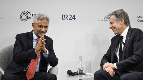 Indian External Affairs Minister Subrahmanyam Jaishankar (L) and US Secretary of State Antony Blinken take part in a panel discussion at the Munich Security Conference (MSC) in Munich, southern Germany on February 17, 2024.