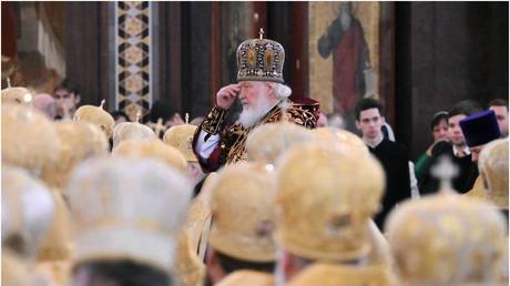 The head of the Russian Orthodox Church, Patriarch Kirill, during a service in Moscow on February 1, 2024.