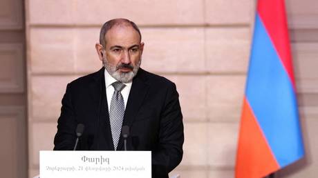 Armenian Prime Minister Nikol Pashinyan speaks at an event in Paris on February 21, 2024.