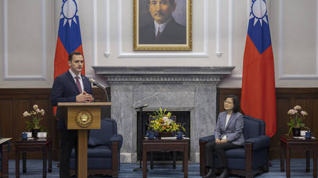 US Republican Rep. Mike Gallagher speaks during a meeting with Taiwan's President Tsai Ing-wen in Taipei, February 22, 2024.