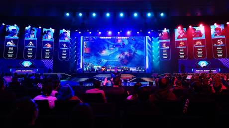 Teams compete in the Dota 2 quarter-final mach at the Games of the Future in Kazan.