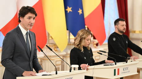 Italian PM Giorgia Meloni, Canadian PM Justin Trudeau, and Ukrainian President Vladimir Zelensky at a press conference Kiev, Ukraine, February 24, 2024.