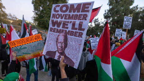 Pro-Palestinian activists denounce the Biden administration's support of Israel on December 8, 2023 in Los Angeles, California