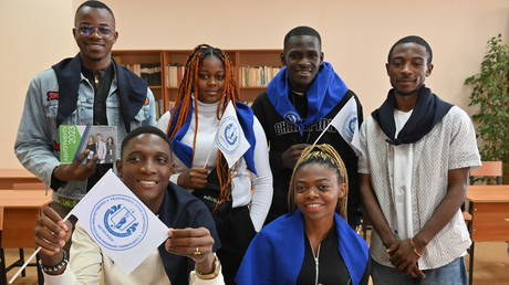 FILE PHOTO: Students from Cameroon pose for a picture in a classroom at the Transbaikal State University in Chita, Russia.