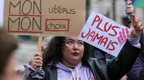 A protestor demands abortion rights at a demonstration last week in Paris.