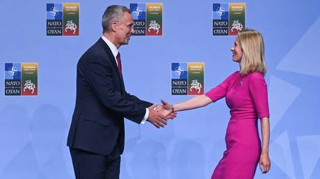 FILE PHOTO: NATO Secretary General Jens Stoltenberg greets Estonian Prime Minister Kaja Kallas during a leaders’ summit in Vilnius, Lithuania.